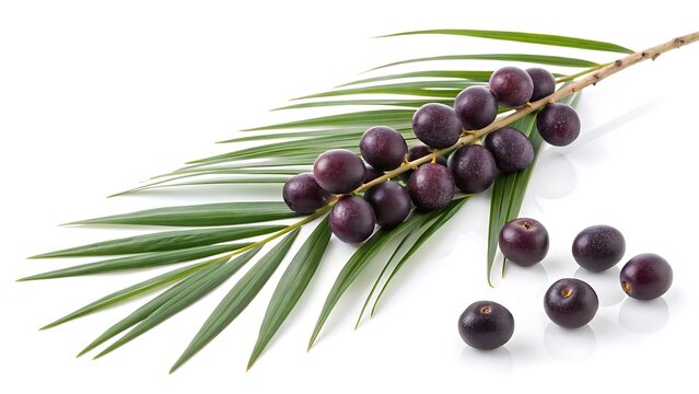 Vibrant Acai Berries with Palm Leaf on White