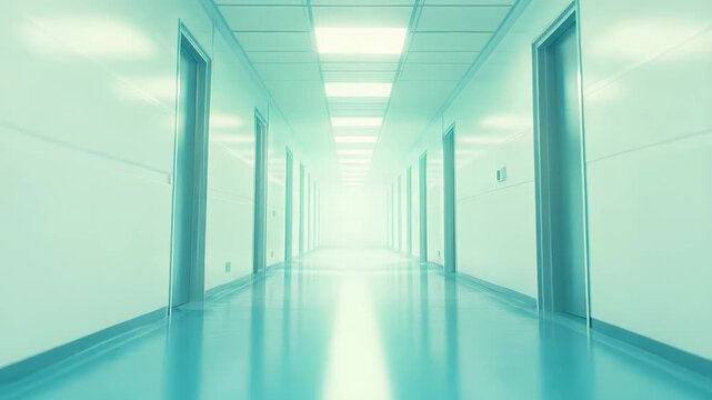 Empty clinical corridor with closed doors and bright glowing light at the far end, symbolizing hope, healing, or an unknown future in a modern medical building