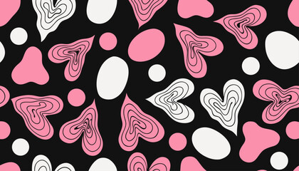 Naklejka premium Soft pink and white seamless pattern featuring scattered hearts and playful dots arranged across a wide horizontal layout, creating a romantic yet modern vector background perfect for stationery and 