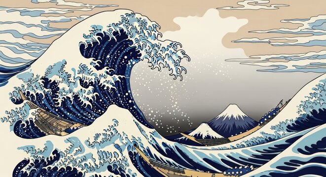 Classic japanese ukiyo-e art depicting majestic ocean wave with tiny boats and mount fuji in the background scenery tranquil.