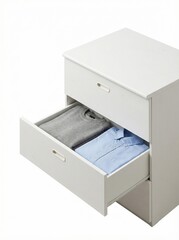 白いタンス（引き出し）冬物衣類を収納　水色のシャツとグレーのセーター　