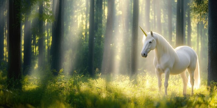 Majestic unicorn in enchanted forest at sunrise with golden sunlight streaming through trees