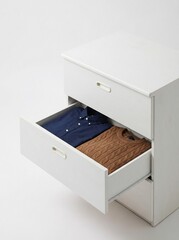 白いタンス（引き出し）冬物衣類を収納　紺色のシャツと茶色のセーター　