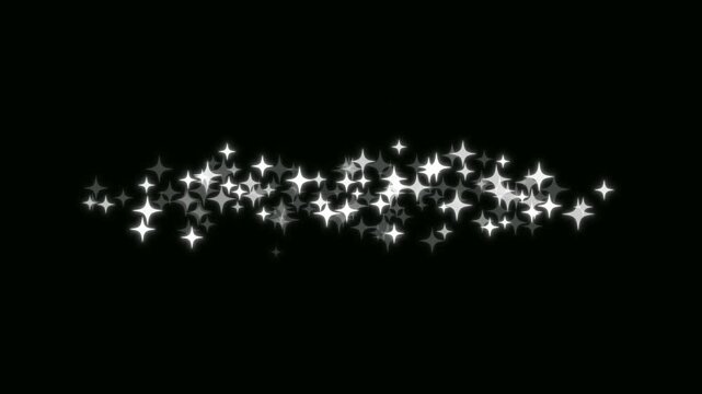 White glowing twinkle star animation with sparkling glitter dust trail, retro vector star doodles and magic particle burst, 2d flat sparkle effect overlay on black screen high quality 4k.