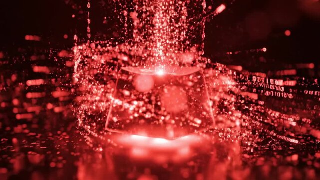 Seamless loop of animated digital red energy and data particles flowing rapidly through and around a single glowing futuristic keyboard keycap keyboard keycap, screen background, high tech