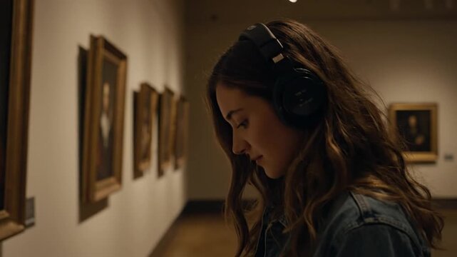 Woman with headphones viewing art in gallery.