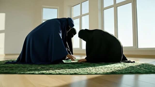 Muslim women in traditional clothing praying indoors during daylight near a bright window