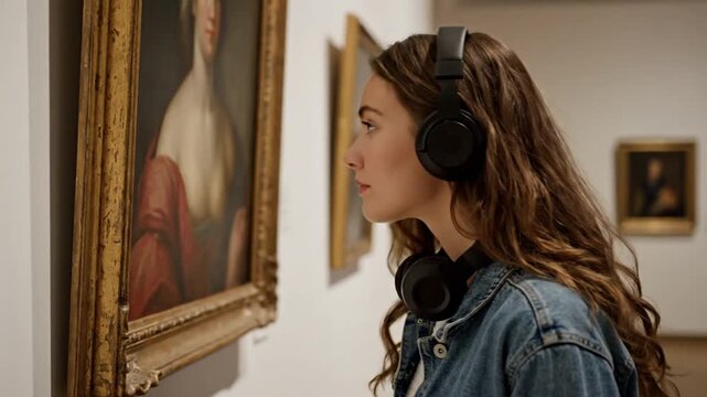Woman with headphones looking at painting.