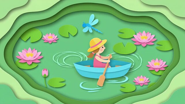 Child Rowing Boat on Lily Pond Paper Cut Animation Calm Nature Scene