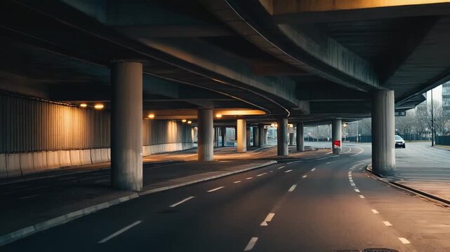 Urban concrete structures of a multi lane highway overpass creating a complex web of roads and supported by numerous pillars, illuminated by artificial light in the evening