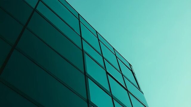 Modern office building facade featuring reflective teal glass windows and architectural lines, creating a clean abstract design against a gradient light blue sky, suggesting growth and innovation