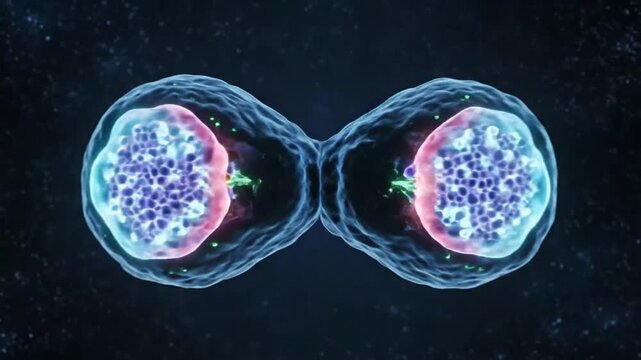 Cell division process animation of mitosis revealing chromosomes, spindle fibers, and cellular membrane separating into two daughter cells