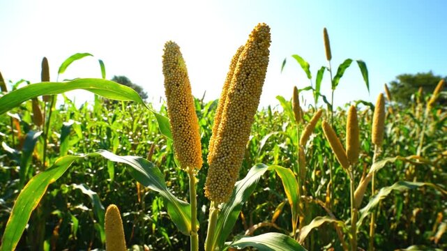 Sunlit cornfield with tall green stalks and golden ears in a rural scene.