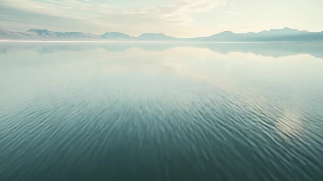 Expansive lake reflecting soft clouds and distant mountains, creating a serene, minimalist horizon under a clear blue skycalm, peaceful, and quietly inviting