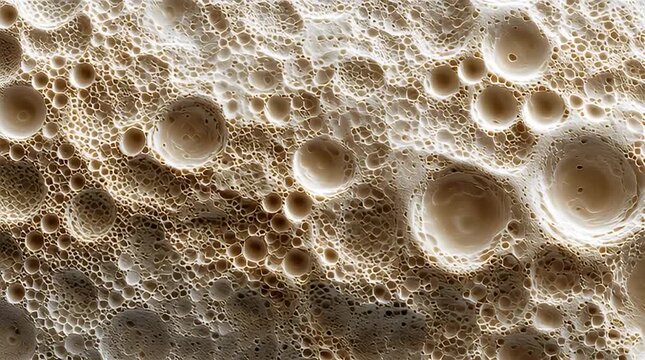 A close-up view presents an irregular surface speckled with various sized cavities and a complex network of ridges. The overall color is muted brown