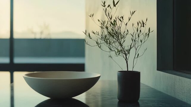 Peaceful modern interior featuring a small potted plant and an empty bowl on a highly reflective surface, creating a calm and contemplative atmosphere in a contemporary setting