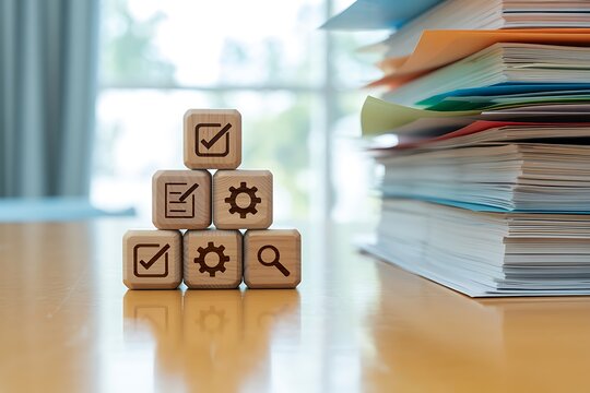 Wooden blocks with checklist and gear icons beside a stack of books on a desk
