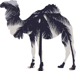 Desert Camel Silhouette with Tropical Palm Trees Double Exposure