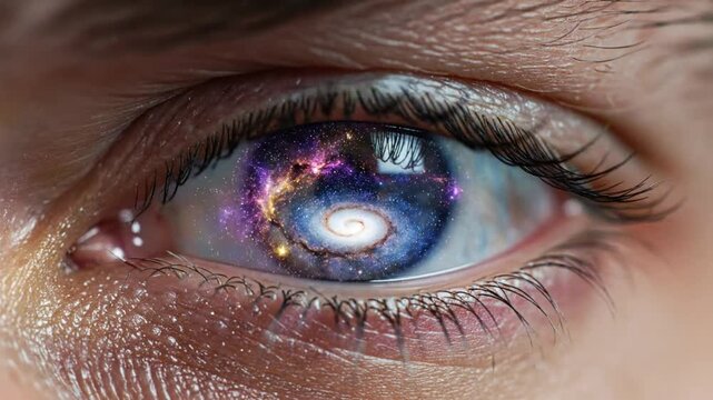 Mesmerizing galactic reflection swirling within a human eye capturing universe's mystique