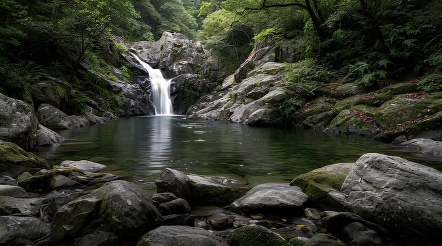 A tranquil waterfall cascades into a still, clear pool surrounded by lush green foliage and moss-covered rocks. The sunlight filters through the trees