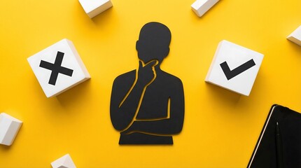 A person pondering the right choice with options presented around them. The person is represented by a black silhouette, and the scene depicts a choice or decision