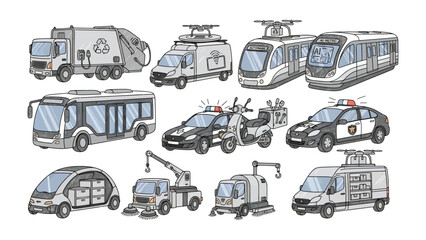 Urban Fleet: A comprehensive depiction of various urban transportation vehicles and essential service units. © Ajm