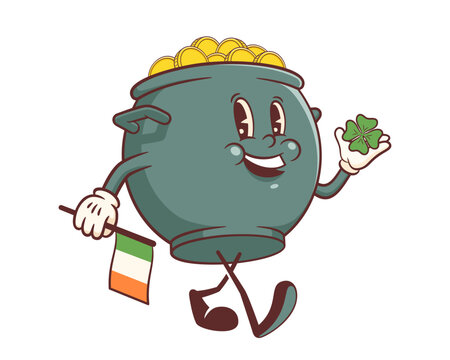 Saint Patrick Day Groovy Lucky Coins Pot Retro Character Illustration. Cartoon Gold Coins in a Leprechaun Cauldron with Irish Flag Personage. Vector Irish Holiday Funny Mascot Template. Isolated