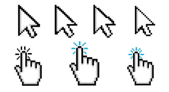 Pixelated computer mouse pointer and hand cursor icon set. Includes arrow and clicking hand symbols. Created in outline style with black and blue accents.