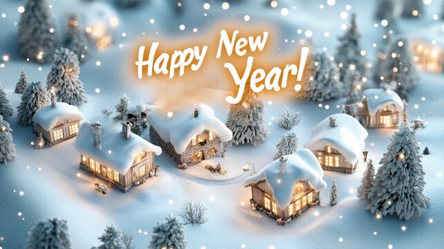 Festive winter village with snowy landscape and happy new year greetings