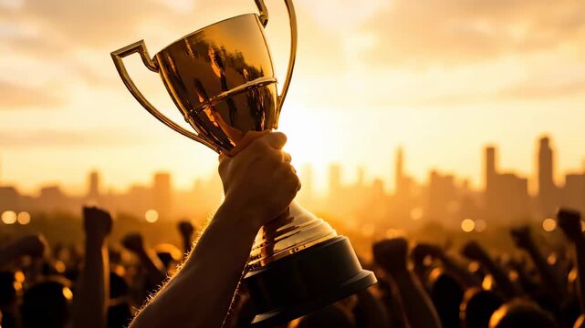 A triumphant moment at sunset &mdash; a golden trophy is held high in the air by a victorious athlete&rsquo;s hand, gleaming under the warm, glowing rays of the setting sun.