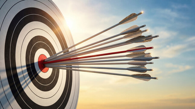Multiple arrows hitting the bullseye on a target, symbolizing success and precision