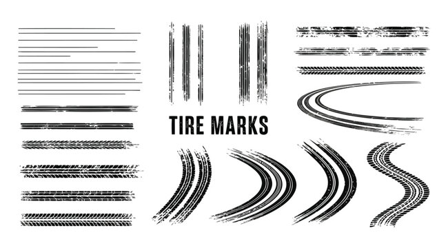 A collection of various tire marks on a white background