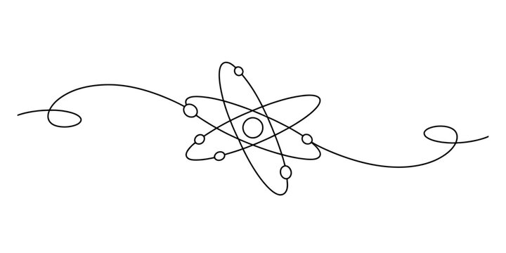Simple line drawing of an atomic structure with decorative swirls on white background Vector, illustration
