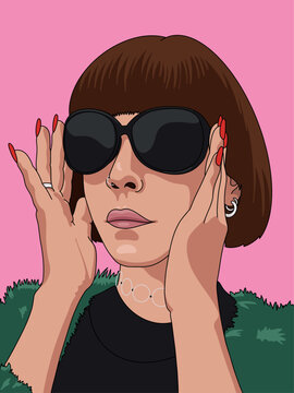 Closeup Portrait Illustration of a Woman with Short Hair Holding Big Sunglasses by the Sides in an Elegant Fashionable Style. Vector Drawing Isolated on Pink Background