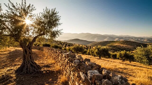 Scenic panoramic view of old olive trees, stone wall, and rolling hills at sunrise with bright sunshine and clear blue sky