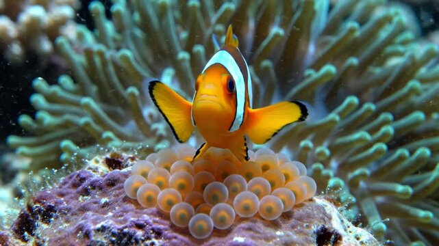 Clownfish Guarding Its Eggs in a Coral Reef Habitat Surrounded by Anemones Underwater