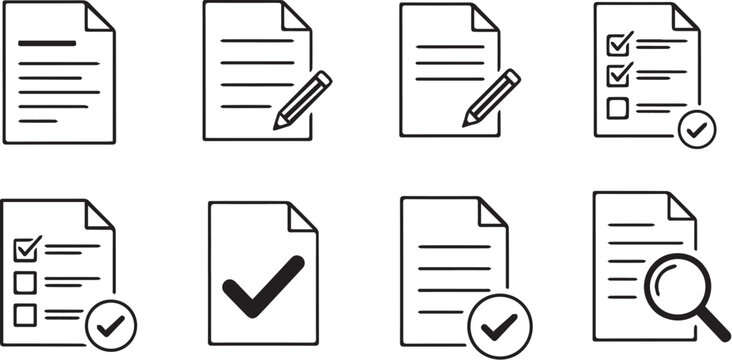 Minimalist document line icons, 8 black outline paper symbols, business contract and checklist vector set, office file editing and approval graphics