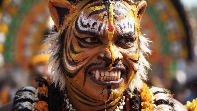 Portrait of a Puli Kali Tiger Dancer in Thrissur Kerala India