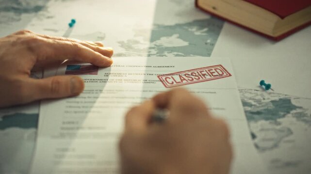 Government official's hands meticulously inspect confidential document bearing official stamps, placed adjacent to world map, signifying the administration's global management and authoritative powers