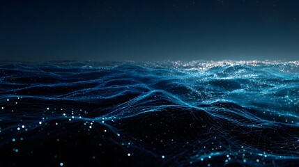 Fototapeta premium A dark blue ocean with glowing waves and a starry night sky