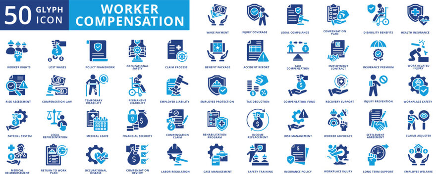 worker compensation icon pack flat contains workplace injury, long term support, employee welfare, rehabilitation program, disability benefits, occupational safety, medical reimbursement