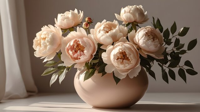 A stunning, soft arrangement of pale blush pink peonies with lush green foliage displayed beautifully within a minimalist, smooth ceramic vase.
