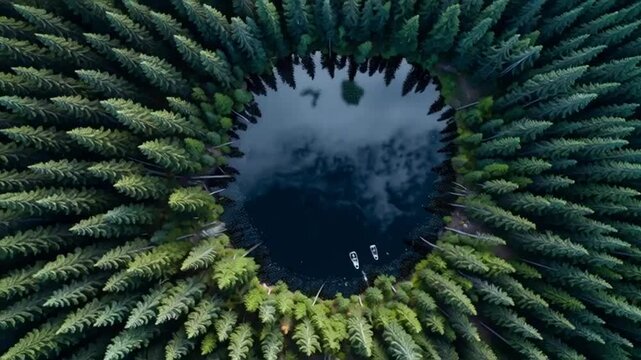Circular view through a leafy hedge opening toward a blue sky.