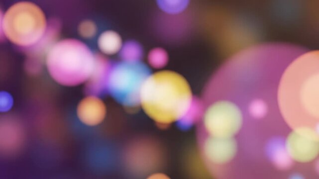 Seamlessly looping abstract motion graphics background featuring soft colorful bokeh light spheres floating and blurring gently purple, presentation, outoffocus