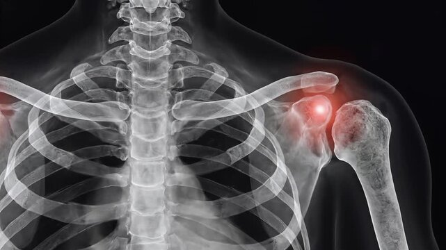 Xray of human shoulder joint with highlighted pain points illustrating arthritis or injury.