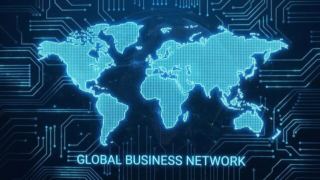 Digital world map formed by glowing blue dots over circuit board pattern conveying global business network connection and technology innovation across continents with dynamic neon light effect