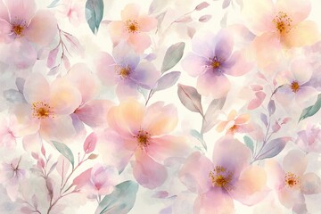 Pastel floral arrangement in watercolor style with soft blooms and muted foliage