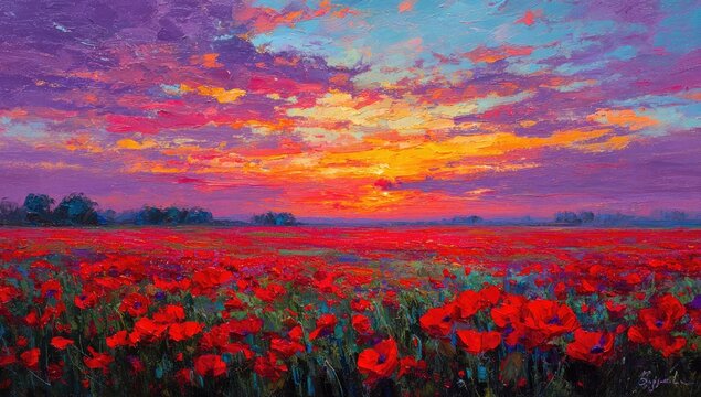 A vibrant landscape painting of a poppy field at sunset