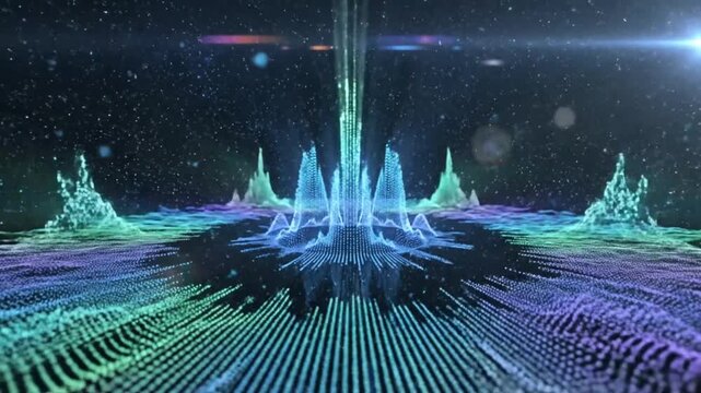 Abstract futuristic audio visualizer with dynamic waves, particles, and vibrant colors in space