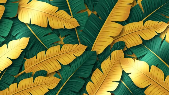 Seamlessly looping abstract motion graphics background featuring stylized overlapping deep green and yellow tropical banana leaf patterns stylized, jungle, conceptual